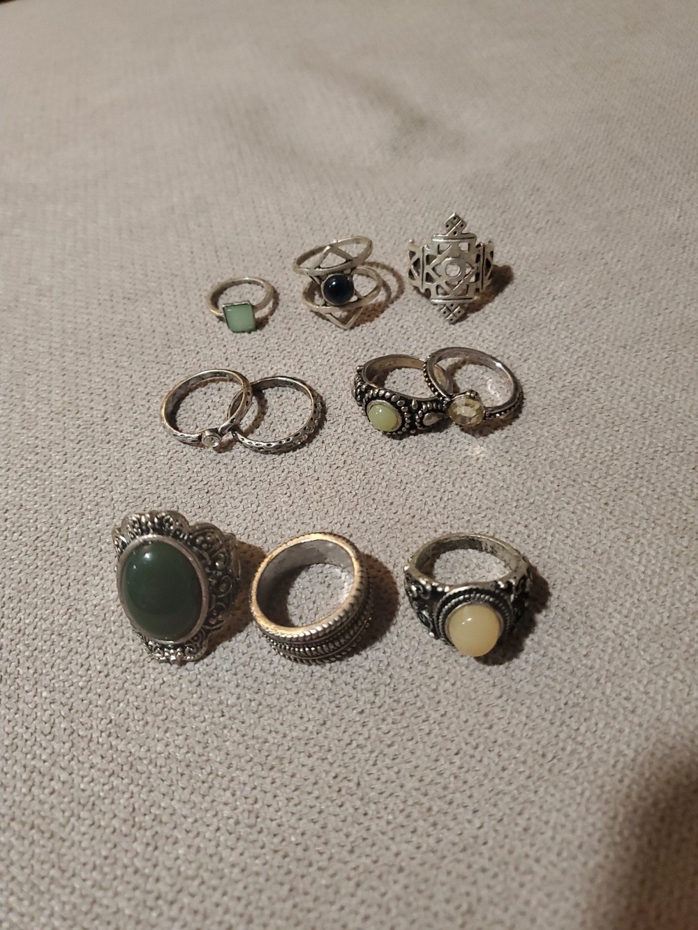 Vintage-Inspired Silver Stack Rings Set with Green and Cream Stones